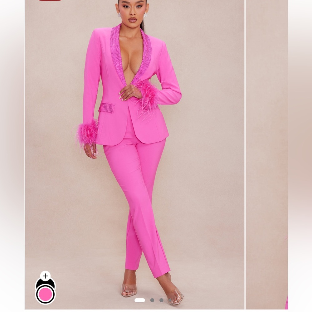 Fashion Nova Vibrant Pink Feather Trim Blazer